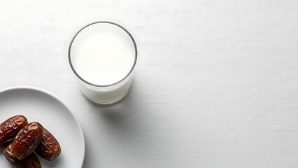 Glass of milk and dates on a white plate and table healthy snack or breakfast food beverage dairy fruit