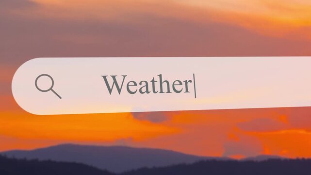 User types weather in the address bar to get information. The background shows a sunset over mountains and a lake. A peaceful scene while searching for weather updates.