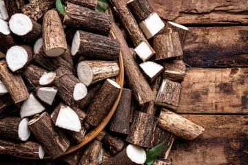 Pile of sliced root vegetables in wooden bowl