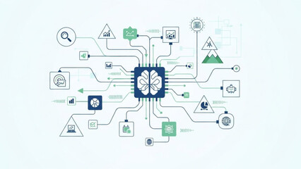Artificial intelligence network with brain chip and icons symbolizing data flow and machine learning connections