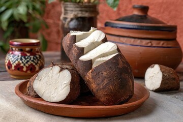 Sliced yuca root on rustic plate, surrounded by pottery