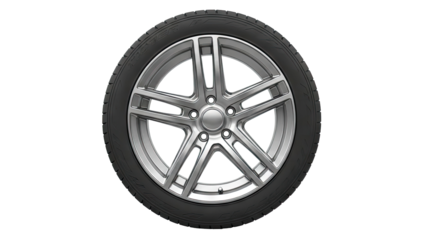 Close-up of a car wheel with a silver alloy rim and black tire