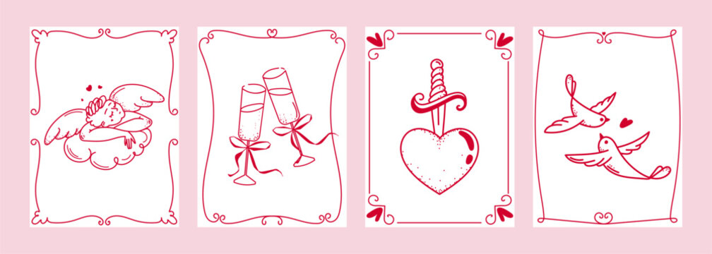 Valentines Day card templates with hand drawn love elements including cupid, heart, champagne, and birds in red line art style for greeting cards, prints, invitations, and digital designs.Vector