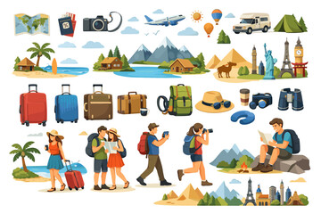 Travel and adventure icons collection with people, landmarks, and transportation
