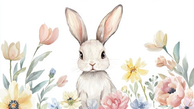 Watercolor bunny surrounded by pastel flowers, elegant hand-painted style suited for holiday invitations and merchandise