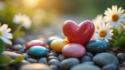 Colorful heart stone among daisies