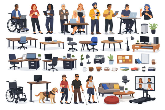 Diverse office workers and accessible workspace elements for modern business