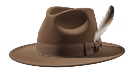Brown fedora hat with feather brown hat isolated on a transparent background