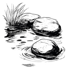 Hand drawn line art illustration of stones and grass in water depicting a tranquil outdoor scene for serene landscape designs