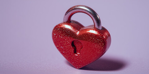 glossy red heart-shaped lock featuring glitter highlights rests against a solid pastel lavender background, embodying modern metaphors of exclusivity and trust in relationships.