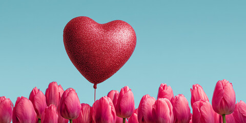 glossy candy red heart shaped balloon floats above a cluster of vivid pink tulips against a solid pastel sky blue background, illustrating a playful modern romance concept.
