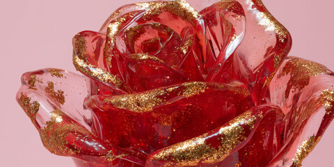 sculpted translucent red glass rose with gold glitter veins is positioned against a solid pale pink background, illustrating a modern luxury romance concept.