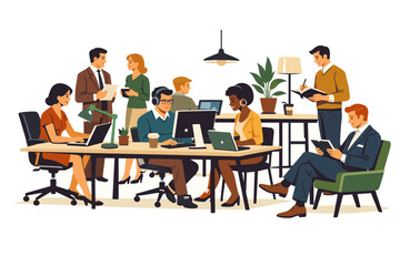 Diverse team collaborating and working on laptops and computers in a modern office setting