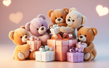 a charming 3d render of adorable teddy bears holding gift boxes