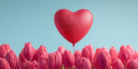 glossy candy red heart shaped balloon floats above a cluster of vivid pink tulips against a solid pastel sky blue background, illustrating a playful modern romance concept.