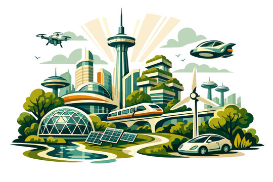 Vibrant futuristic city showcasing sustainable technology and green urban living