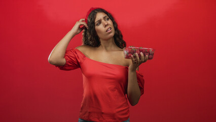 Teenage woman holding plastic container of strawberries in right hand, exposed shoulder visible, scratching head in studio; uncertainty curiosity confusion.
