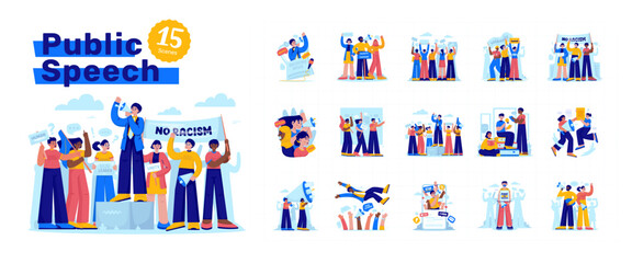Public Speech and Protest for Democracy or Social Empowerment Vector Illustration Set