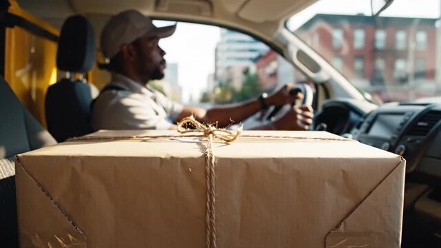 Delivery Driver on the Road: A focused driver navigates city streets in his delivery van, box secured, ready for its destination. Reflecting professionalism and efficiency in a bustling urban setting.
