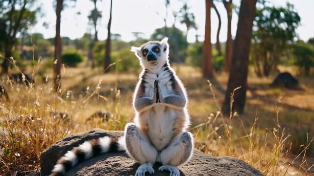 A lemur sitting atop a rock in a sunlit outdoor setting surrounded by trees and nature, displaying a playful, curious expression