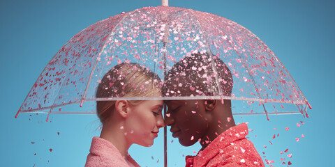 couple embraces under a transparent umbrella filled with floating pink glitter hearts against a solid pastel blue background, embodying a protective modern romance concept.
