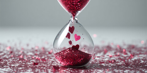 single glossy deep red hourglass with shimmering pink glitter hearts slowly falling inside against a solid soft gray background, illustrating a modern concept of time and love for Valentine's Day.