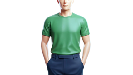 Man in Green T-Shirt and Navy Blue Pants
