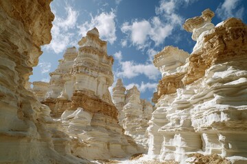 White and tan sculpted rock formations, sunlight, blue sky