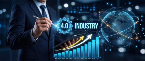 Businessman holding pen to Industry 4.0 hologram featuring rising bar chart and orbital digital globe. Strategic vision of smart manufacturing, industrial automation, and global connectivity.