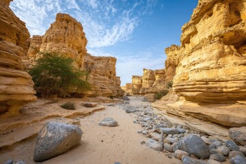 Sunny desert canyon.  A sandy washway runs through a canyon of light tan, sculpted rock formations.  Sky is partly cloudy.  A small green bush sits in the middle ground