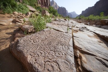 Ancient rock carvings in a desert canyon