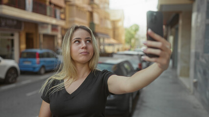 Young blonde woman holding smartphone at arm's length taking a selfie on a busy city street; casual...