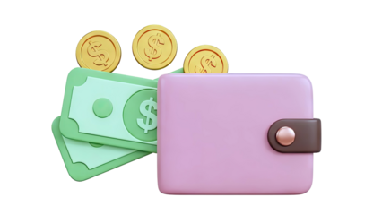 Pink Wallet with Dollar Bills and Gold Coins