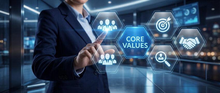 Corporate professional engaging with digital core values interface in modern office, highlighting trust, goals, and teamwork.
