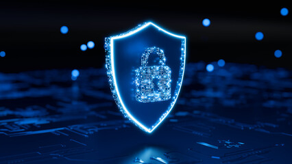 Cyber Security Icon: A glowing digital shield, emblazoned with a lock, symbolizes the protective embrace of data security in a digital realm, safeguarding information from cyber threats.