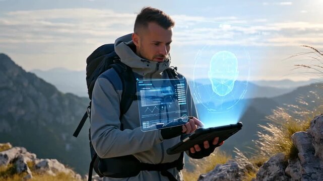 A man in outdoor gear interacts with a holographic display while standing on a rocky mountain peak under a bright sky