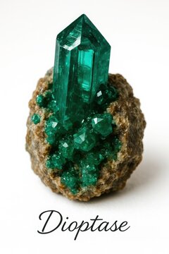 Stunning copper silicate mineral dioptase on a plain background