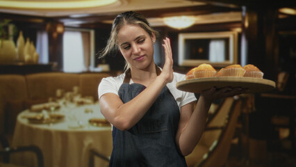 Young blonde woman waitress wearing apron holding a round wooden tray of muffins with palm raised...