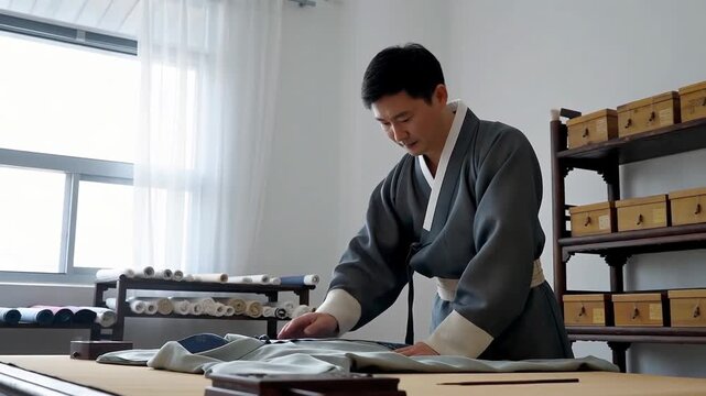 Man in traditional attire carefully folding a garment at a wooden table in a well-lit indoor space with shelves in the background