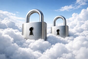 Metallic padlocks floating in fluffy clouds under a bright blue sky, symbolizing cloud data protection and digital security concept with creative style. Ai generative
