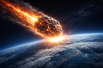 Gigantic fiery asteroid crashes into Earth’s atmosphere in cosmic explosion over planet surface in dramatic outer space impact concept scene. Ai generative