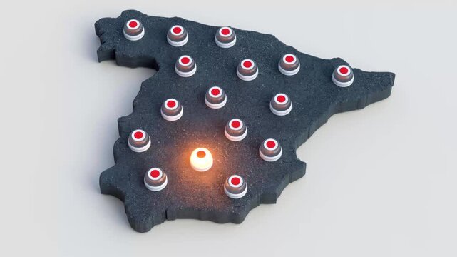 Multiple V16 beacons, emergency roadside lighting device flashing over a map of Spain. Mandatory use for roadside breakdowns and compliance with Spanish regulations by 2026 in 3D animation