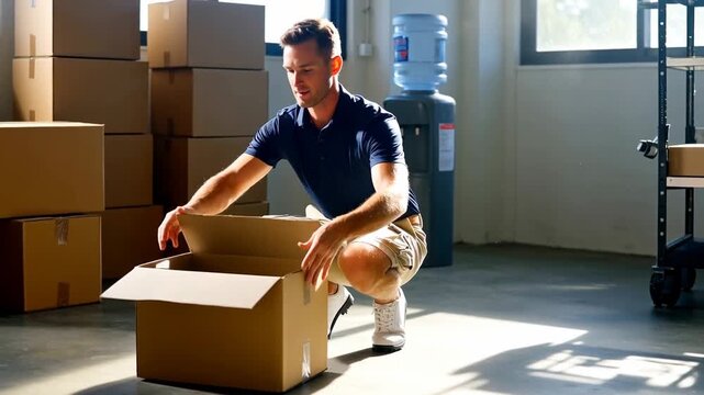 Man lifting cardboard boxes in a spacious, well-lit storage area with large windows and boxes stacked in the background