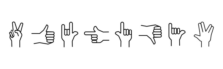 Obraz premium Set of outline hand gesture icons for use in web design, mobile apps, infographics, presentations, and UI UX projects.Minimal Outline Hand Sign Vector Set for Interfaces