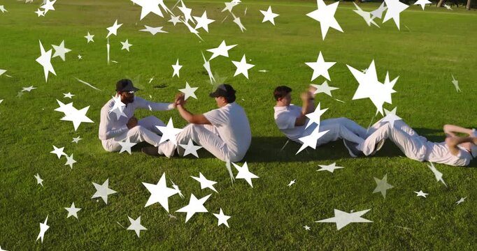 Four male athletes doing synced sit-ups, clapping on team cue for sports warmup under star confetti