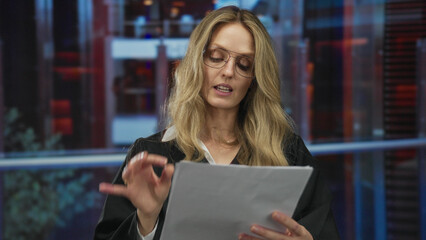 Woman judge in uniform reading documents indoors at a hotel with a focused expression, conveying authority and concentration.