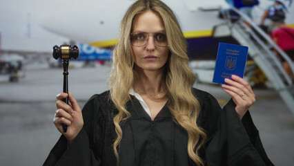 Woman in judge uniform holding ukrainian passport and gavel stands outside airport terminal, suggesting themes of law, travel, and identity verification. © Krakenimages.com