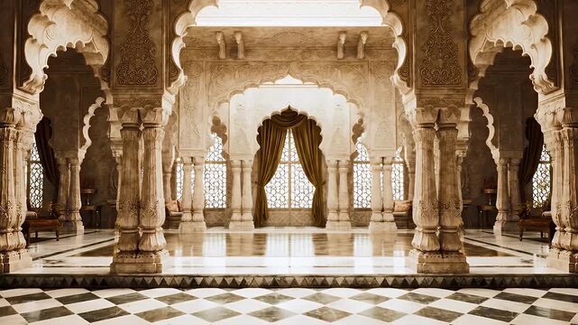 Ornate palace hall with marble columns and black and white checkered floors
