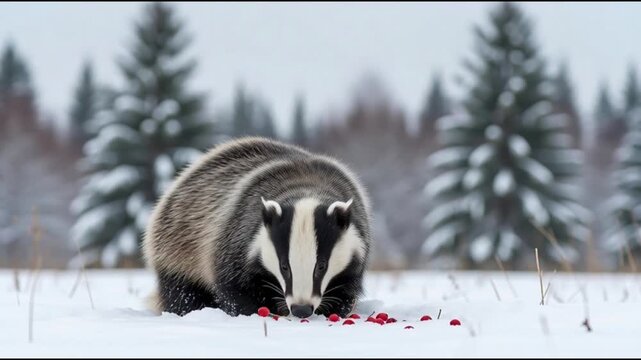 A badger foraging for berries in a snowy forest clearing viewed from a slight elevation
