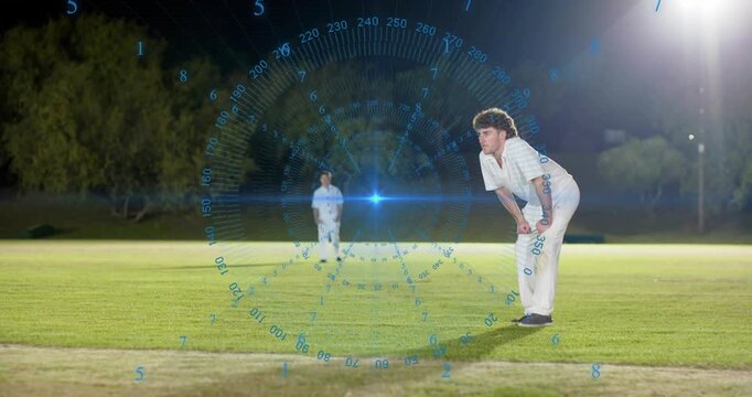 Lead cricketer crouching starting run-up and bowling for cricket drill with HUD overlay tracking
